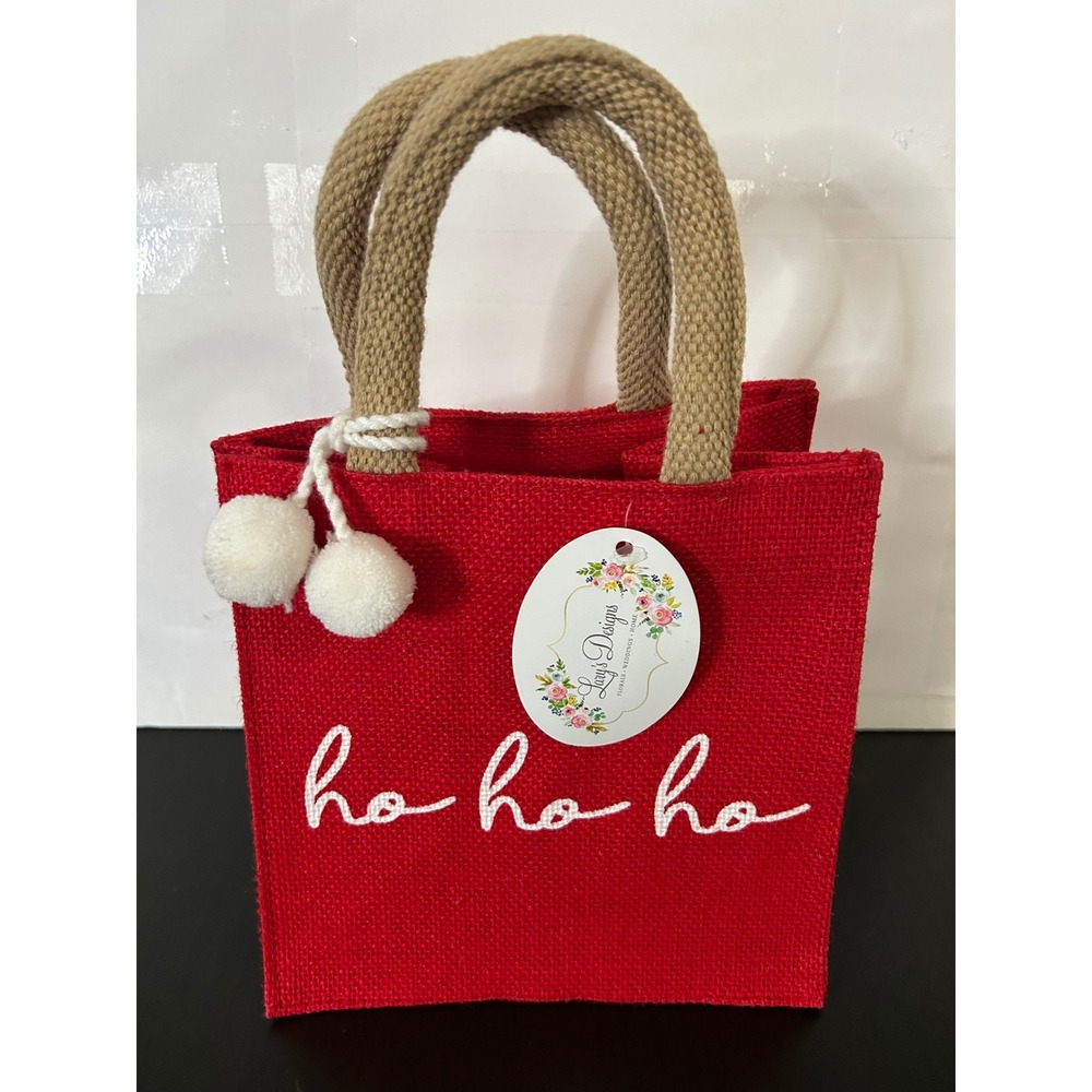 Mini Tote Bag Christmas Red Burlap Ho Ho Ho Embroidery Pom Poms Lacy's Designs